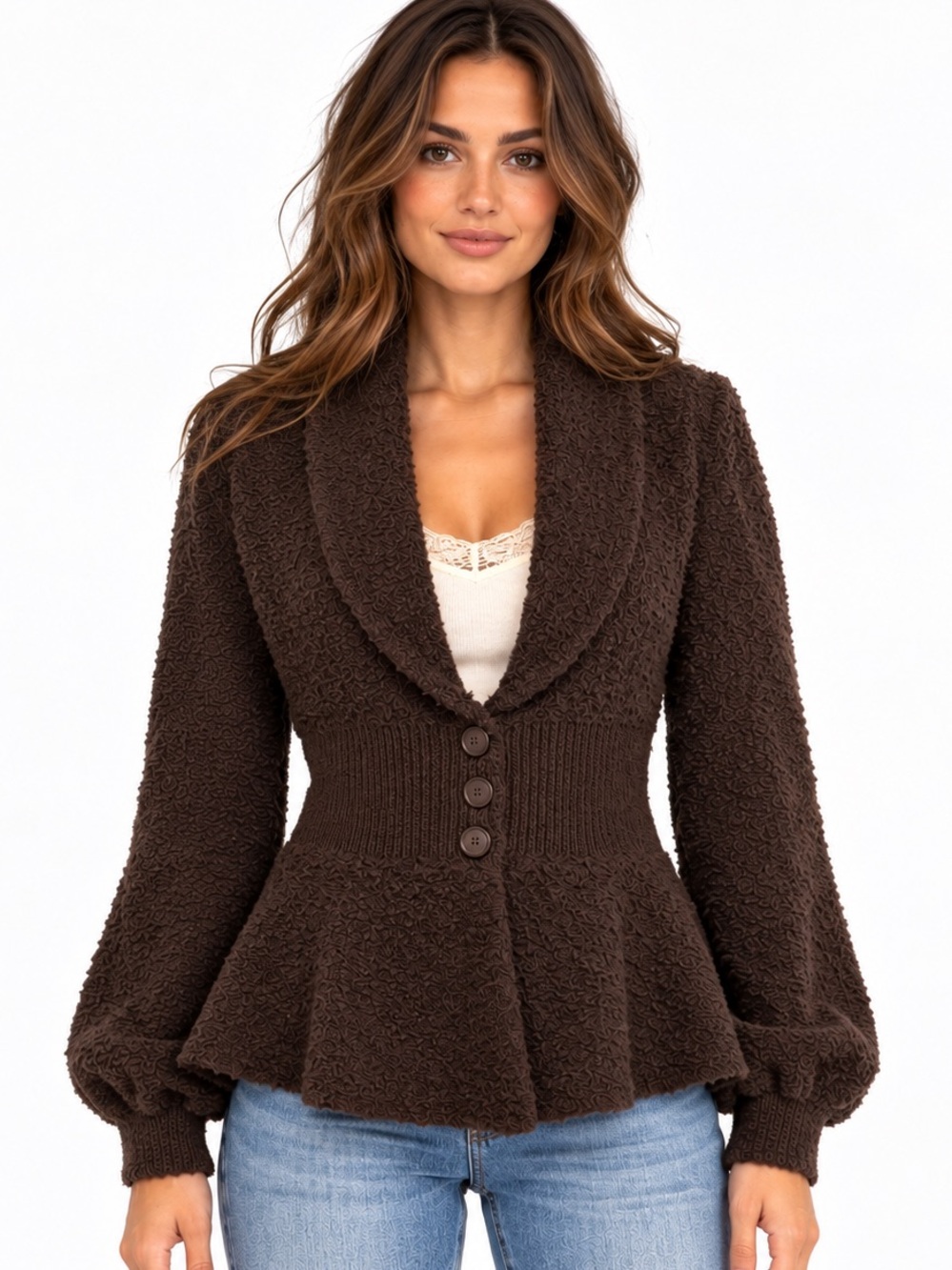 Moda International Y2K Brown Boucle Wool Blend Peplum Cardigan Large
